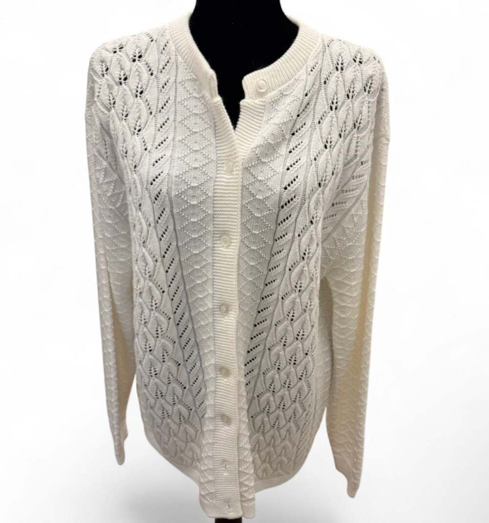 Vintage Brunny White Pointelle Knit Button-Up Cardigan Sweater Made in USA 46